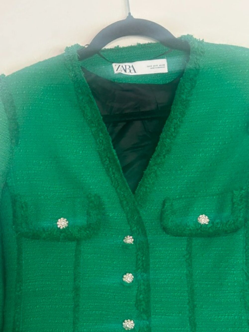 Zara Lush Green Tweed Jeweled Rhinestone Buttons Raw Fringe Trim Lined Jacket - Picture 5 of 16